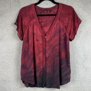 Gypsy 05 Top Womens Medium Wine Red Ombre Silk Dolman Sleeve Button Up Blouse